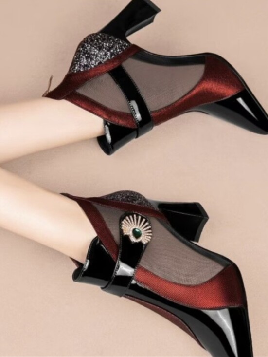 Shoes - Women Black/Burgundy Mesh Ankle Booties Embellish Buckle Sculpted Heel Size 7.5